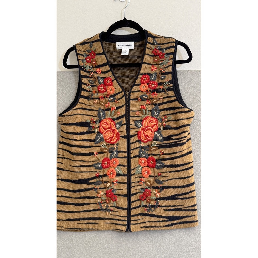 Vtg Alfred Dunner Tiger Stripe Floral Embroidered Zip Front Vest Women's‎ Size S